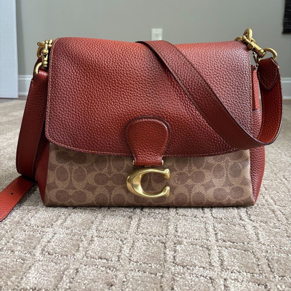 Coach May Shoulder Bag Signature Canvas & Leather Purse Tan Rust EUC 5229